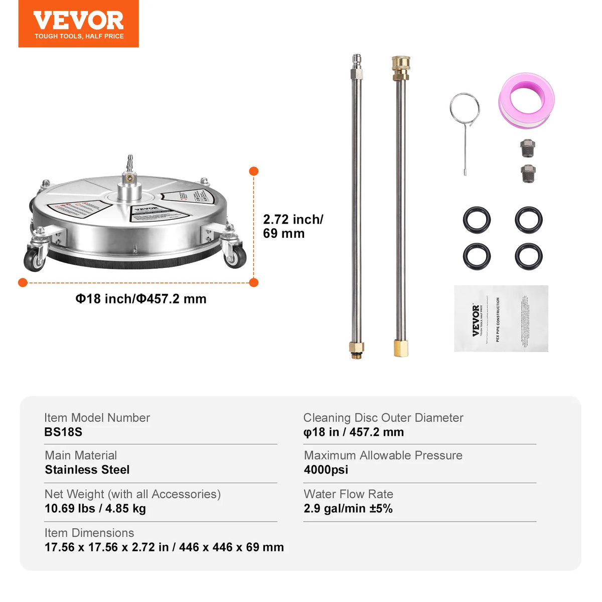 18" Pressure Washer Surface Cleaner Stainless Steel Concrete Cleaner with 2 Extension Wand Power Washer For Floor/Driveway