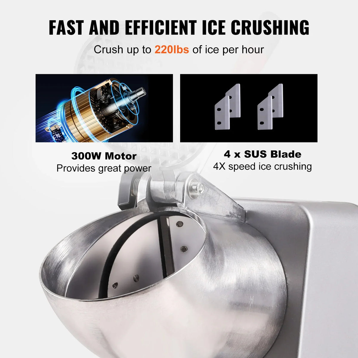 Ice Crushers Machine,220lbs Per Hour Electric Snow Cone Maker w/4 Blades,Stainless Steel Shaved Ice Machine w/Cover & Bowl
