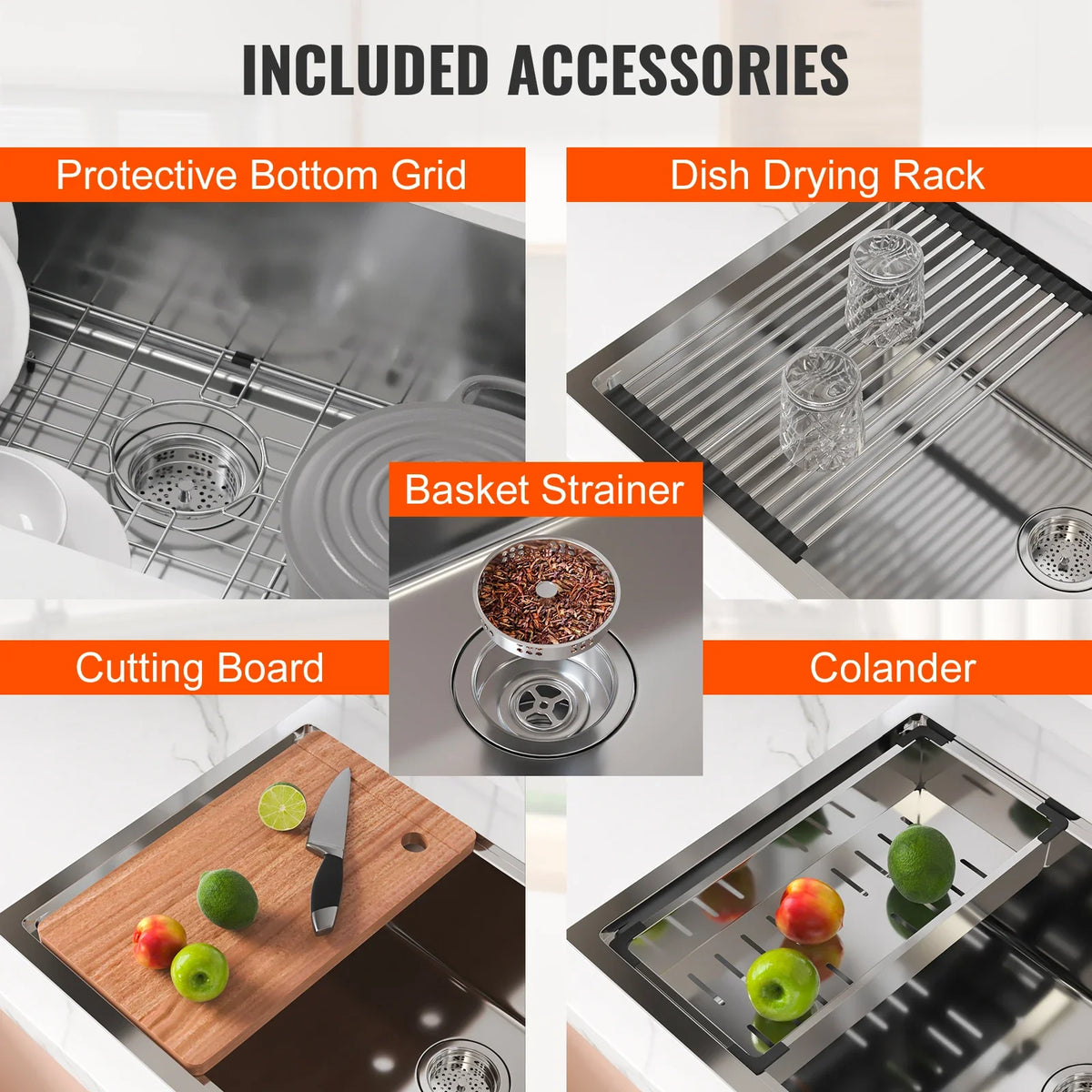 25-32inch Stainless Steel Kitchen Sink Undermount Single Bowl Workstation Step Sink with Cutting Board and Basket Strainer