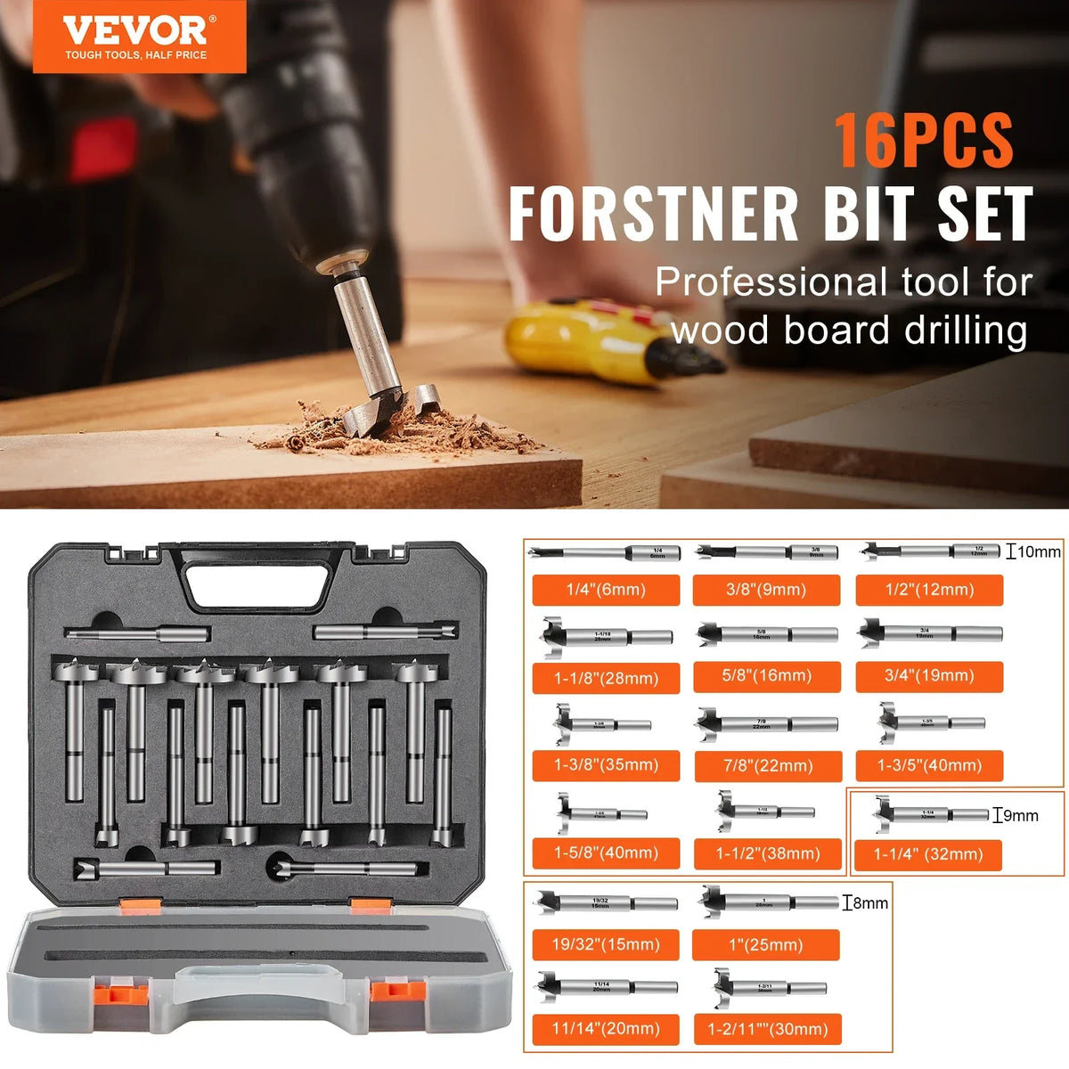 16 Pcs Forstner Bit Set 1/4" to 1-5/8" Carbon Steel with Universal Round Shank Forstner Drill Bit for Wood Composite Board
