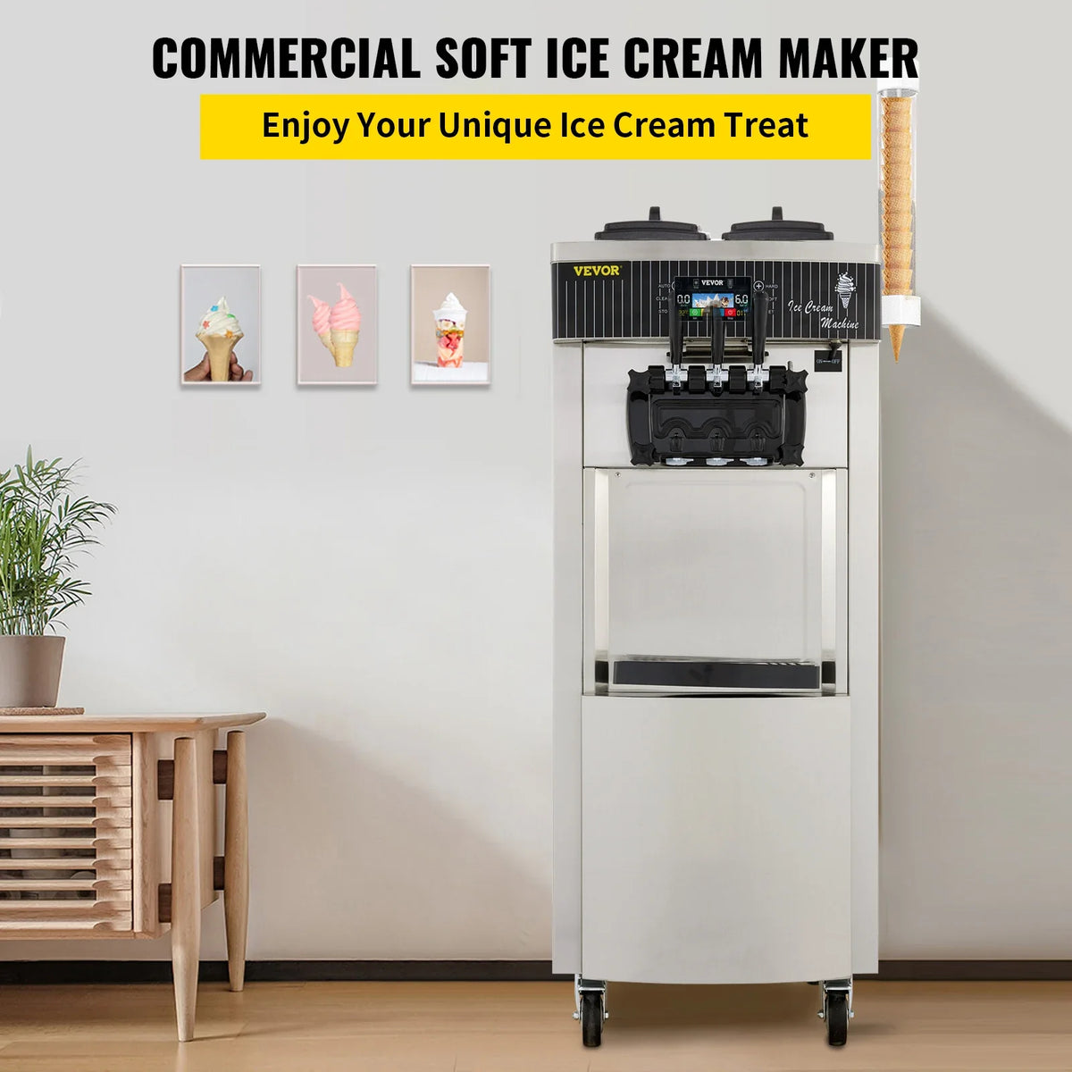 Commercial Soft Ice Cream Machine,2200W 3 Flavors Ice Cream Maker,5.3 to 7.4 Gal per/H Auto Clean LCD Panel for Restaurant