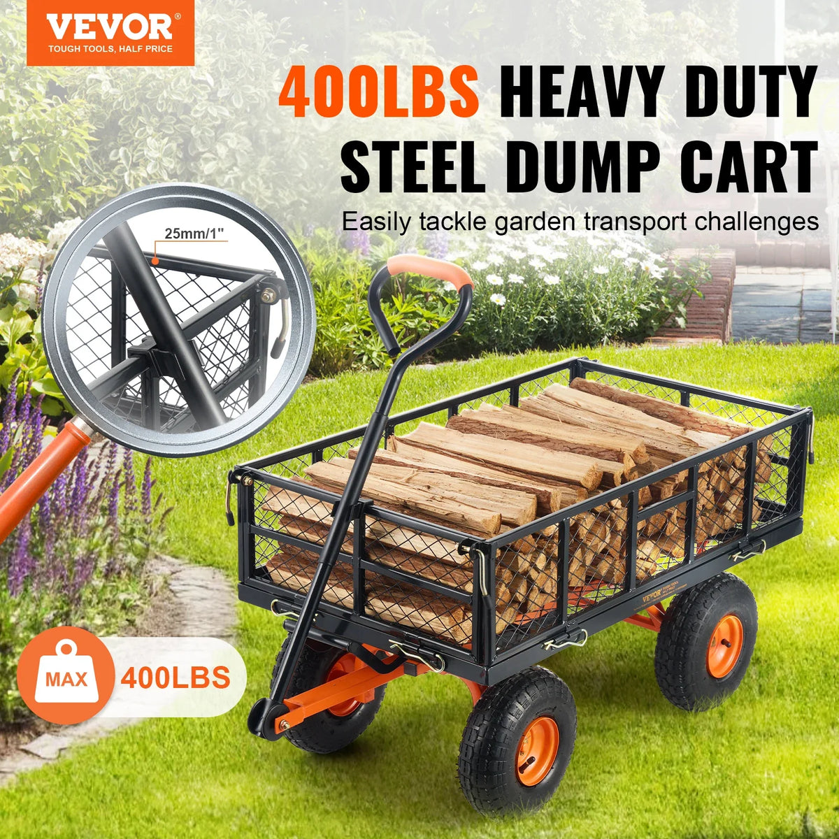 Garden Cart, Sturdy Metal Utility Wagon w/Simple Assembly, Versatile Dump Cart w/Dual-Function Handle, 400 lbs,10" Wheels