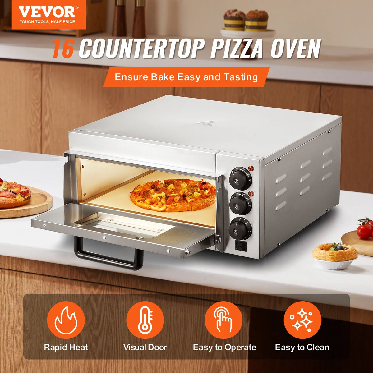 Commercial Pizza Oven Countertop, 16" Single Deck Layer, Stainless Steel Electric Pizza Oven with Stone and Handle