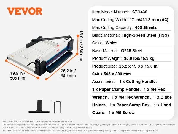 12"/17'' Industrial Commercial Paper Cutter 400 Sheet Capacity Solid Steel Construction Stack for Office Home School Shop