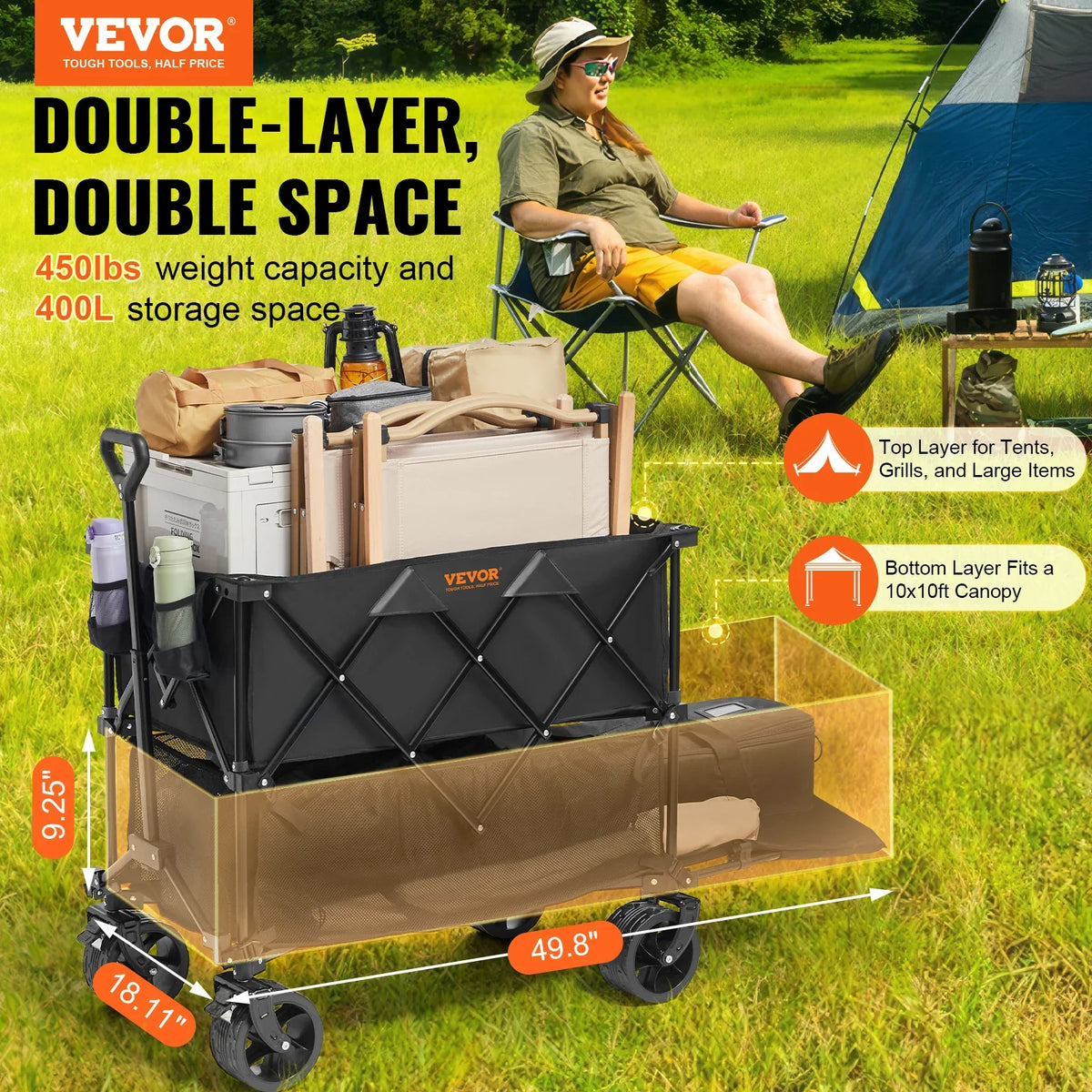 Foldable Double Decker Wagon 400L Collapsible Wagon Cart Folding Wagon Cart 450 lbs for Camping Shopping Garden