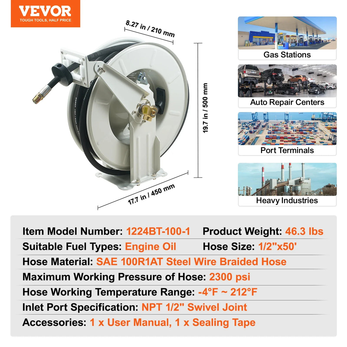 33/50/66ft Fuel Hose Reel Extra Long Retractable Spring Driven Auto Swivel Rewind for Auto Repair Heavy Industries