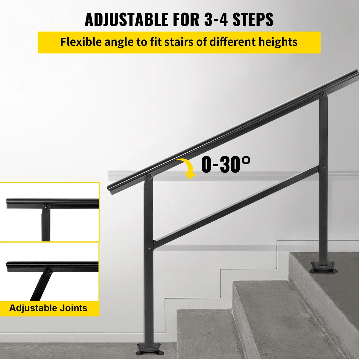 Outdoor Stairs Handrail Step Handrail Railing Fit 3-4 Steps Adjustable from 0 to 30 Degrees Handrail Stairs Railing Kits