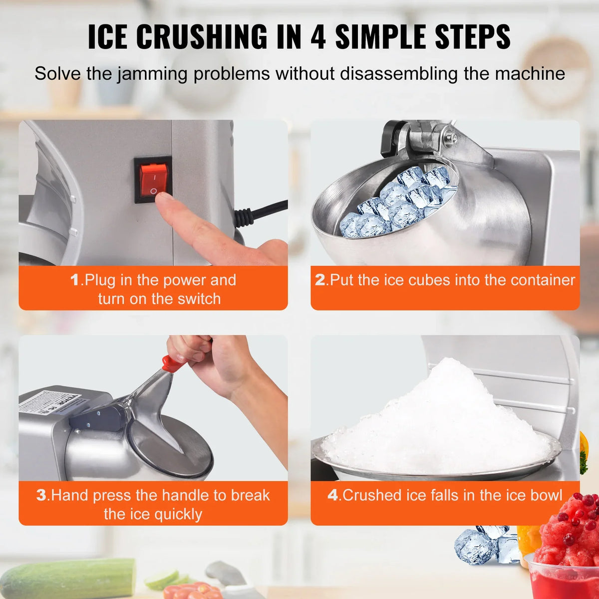Ice Crushers Machine,220lbs Per Hour Electric Snow Cone Maker w/4 Blades,Stainless Steel Shaved Ice Machine w/Cover & Bowl