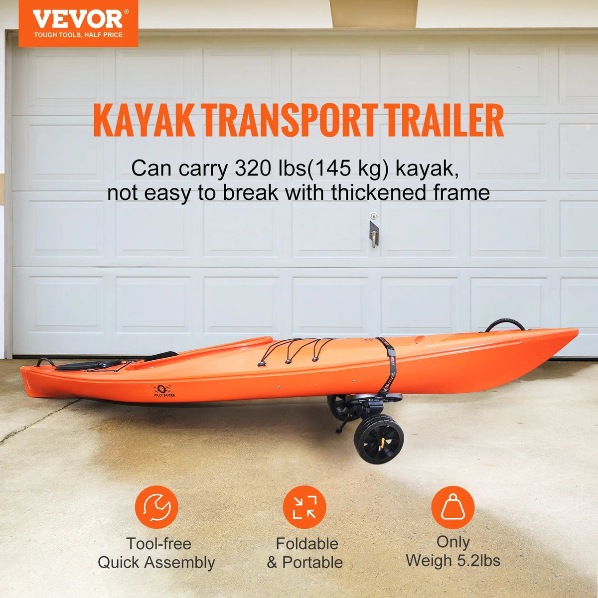 320lbs Load Capacity Detachable Canoe Trolley Cart with 10'' Solid Tires for Kayaks Paddleboards Float Mats Jon Boats