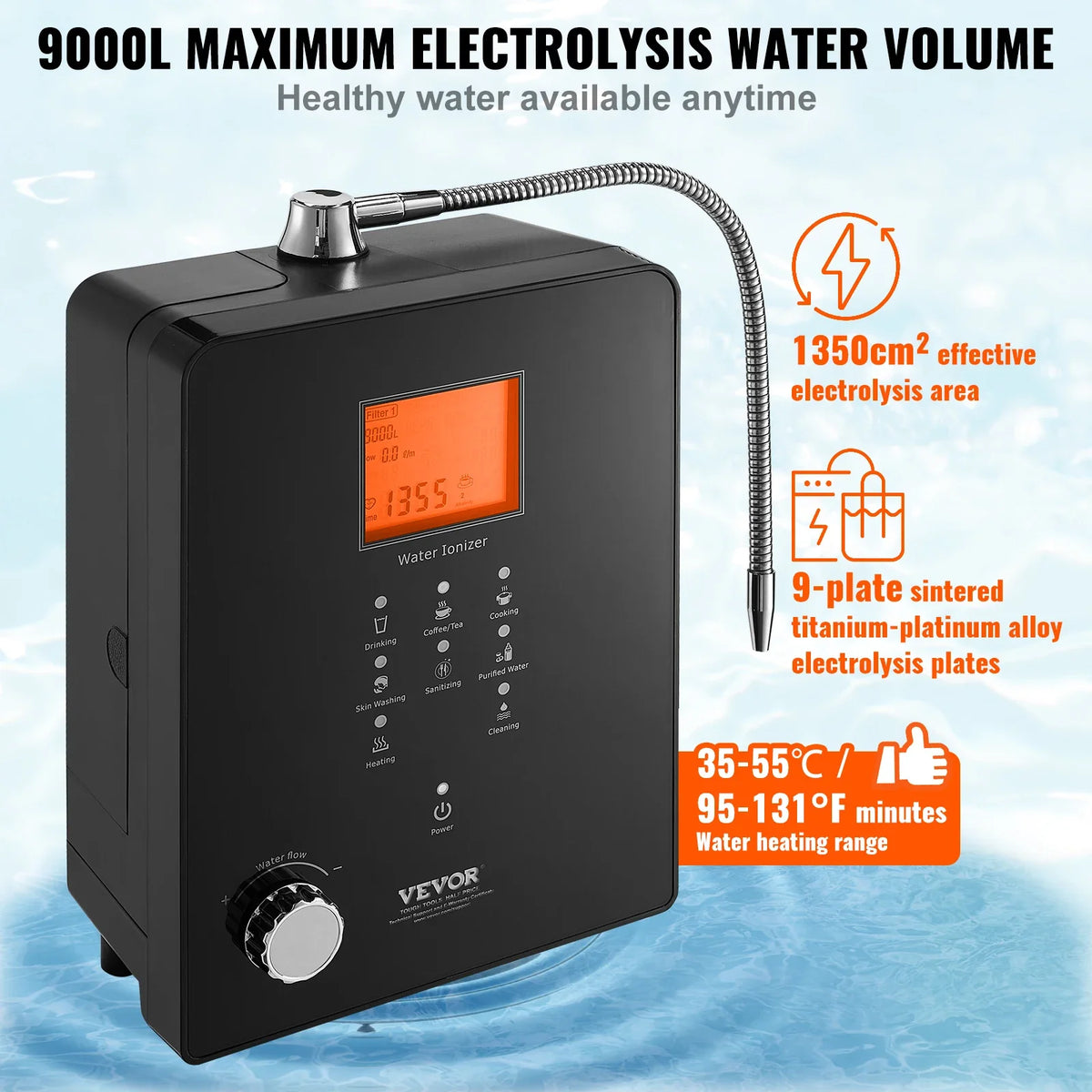Alkaline Water Ionizer Machine, pH 3-11.2 Alkaline Acidic Hydrogen Water Purifier, 6 Water Settings Home Filtration System