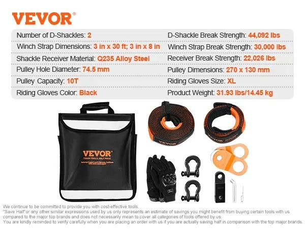 Off-Road Recovery Kit, 3" x 30',Heavy Duty Winch Recovery Kit with 30000 lbs Tow Straps, 44092 lbs D-Ring Shackles for Car