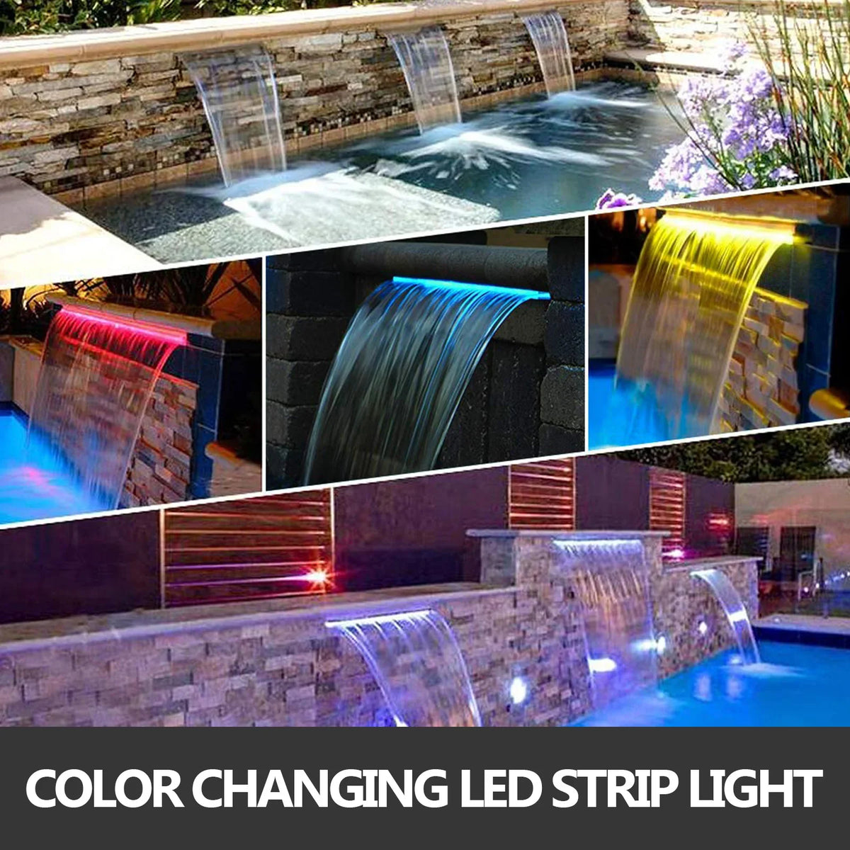 Pool Fountain Swimming Waterfall Rectangular Pool Fountains with LED Strip Light Stainless Steel Pond Waterfall Cascade