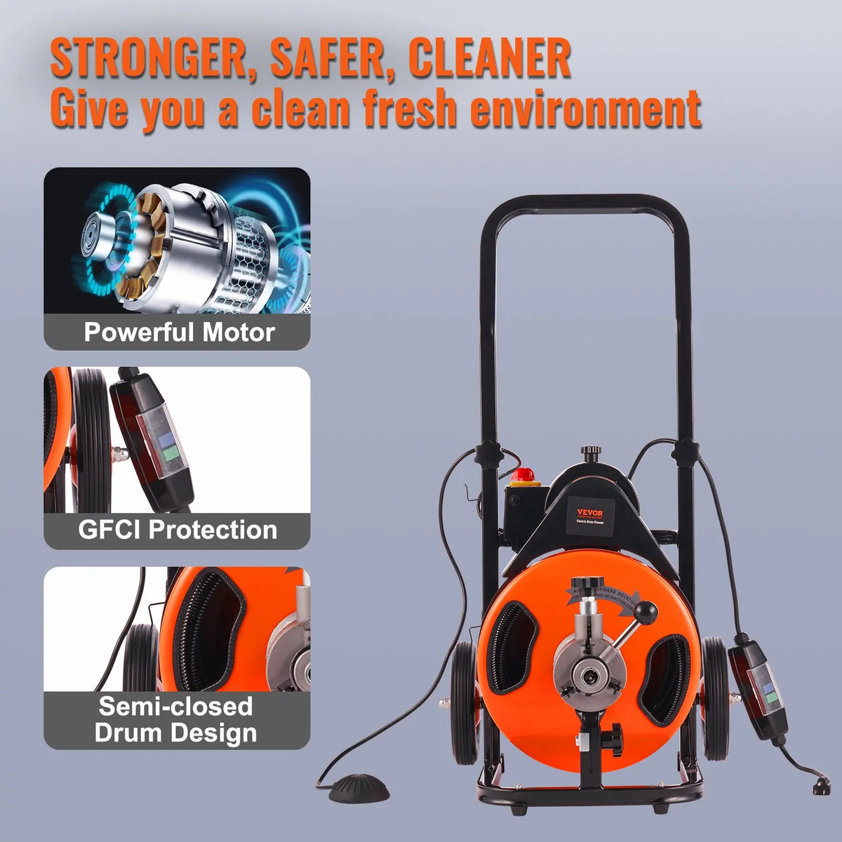 Drain Cleaning Machine 100FT x 3/8in,1/2in, 3/4in Sewer Snake Machine Auto Feed with 4 Cutter Air-activated Foot Switch