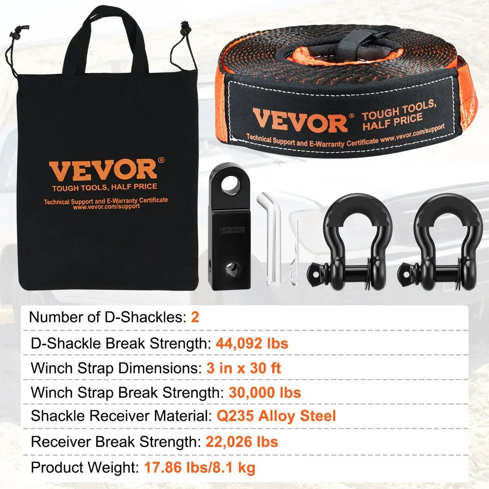 Off-Road Recovery Kit  Heavy Duty Winch Recovery Kit with 30000 lbs Tow Straps D-Ring Shackles Shackle Receiver
