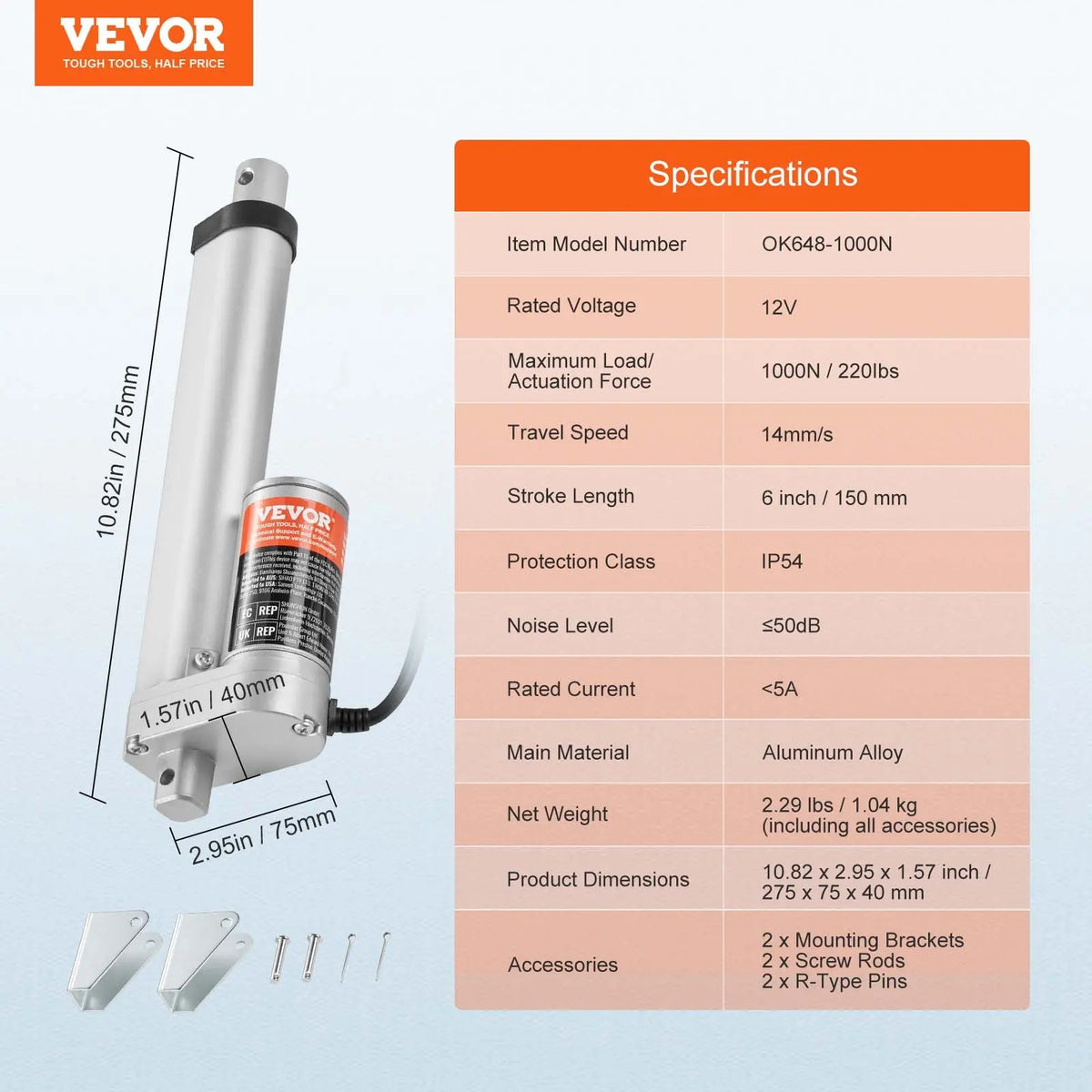 Linear Actuator 12V, 20 Inch High Speed 0.55"/s Linear Actuator, 220lbs/1000N Linear Motion Actuator with Mounting Bracket