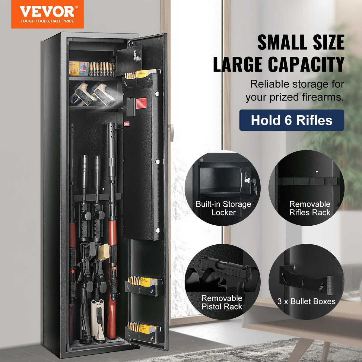 6 Rifles Gun Safe Rifle Safe W/ Fingerprint & Digital Keypad Lock Removable Gun Storage Cabinet W/ Built-in Storage Locker