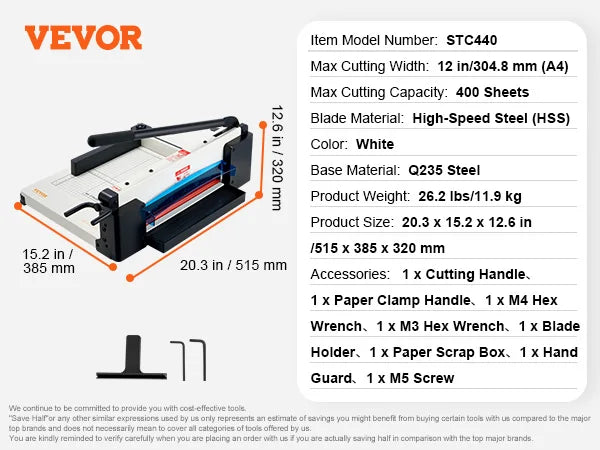 12"/17'' Industrial Commercial Paper Cutter 400 Sheet Capacity Solid Steel Construction Stack for Office Home School Shop