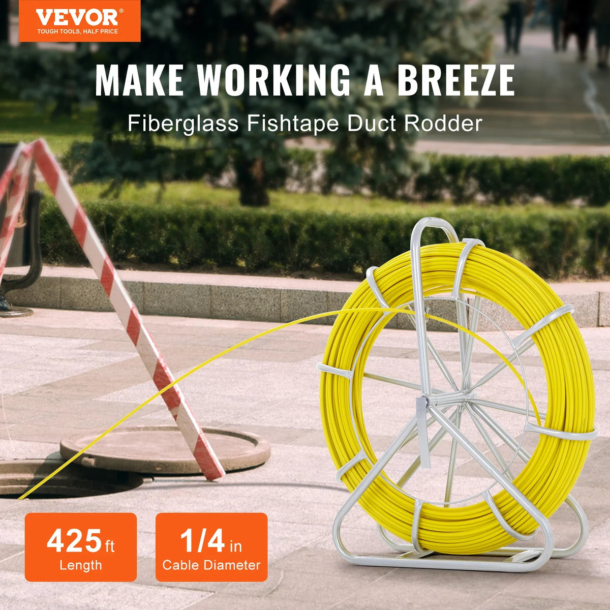 Fish Tape Fiberglass 425 ft 1/4 inch Wire Puller with Steel Reel Stand for Walls and Electrical Conduit, Non-Conductive