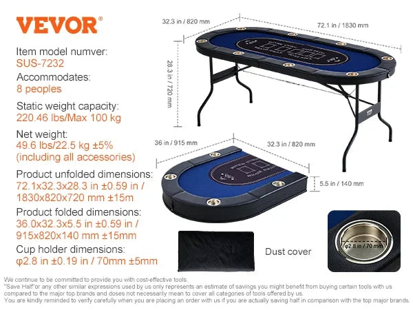 8 Player Foldable Poker Table Blackjack Texas Holdem with Padded Rails and Stainless Steel Cup Holders Blue for Party Game