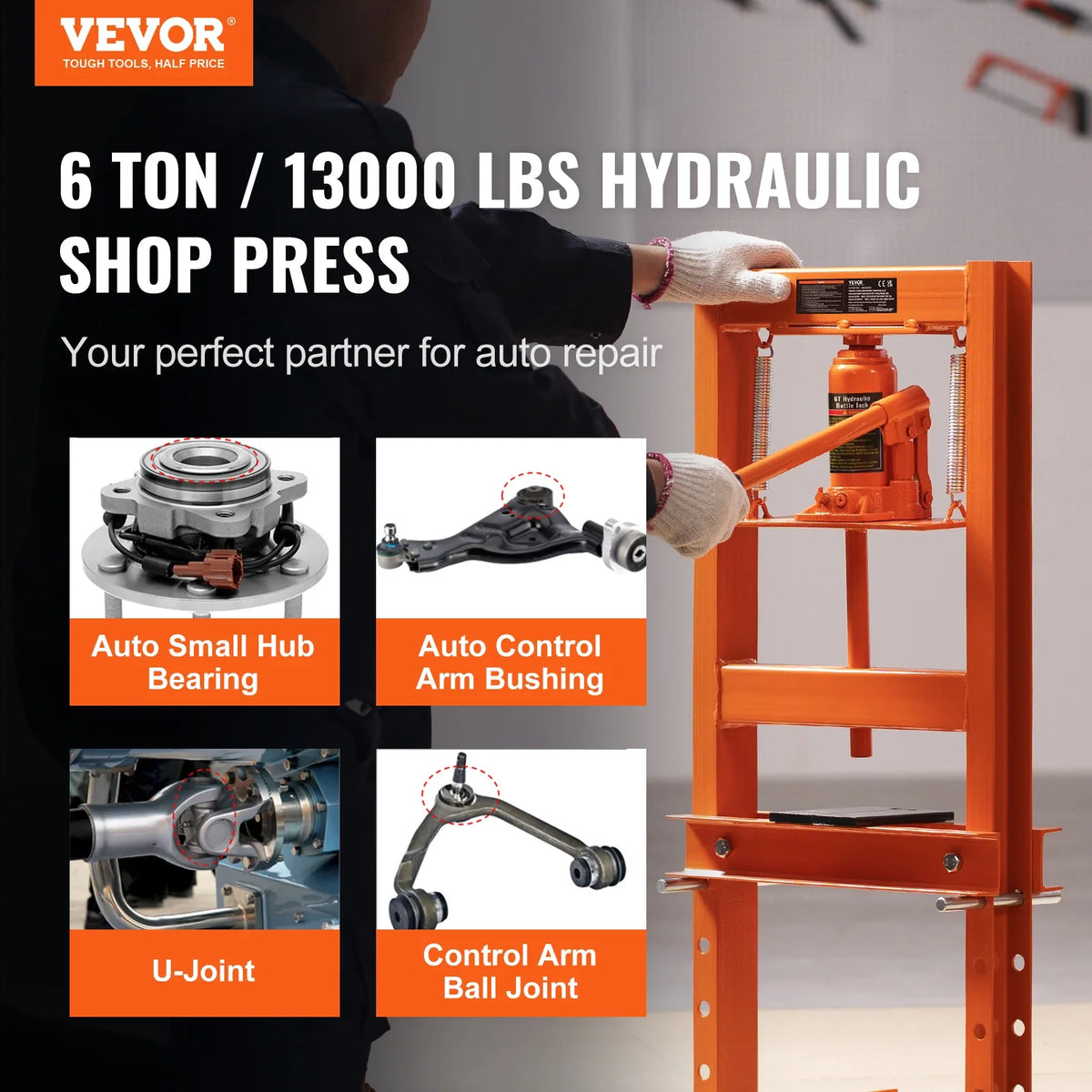 Hydraulic Shop Press, 6/12 Ton H-Frame Hydraulic Garage/Shop Floor Press, Adjustable Shop Press with Press Plates