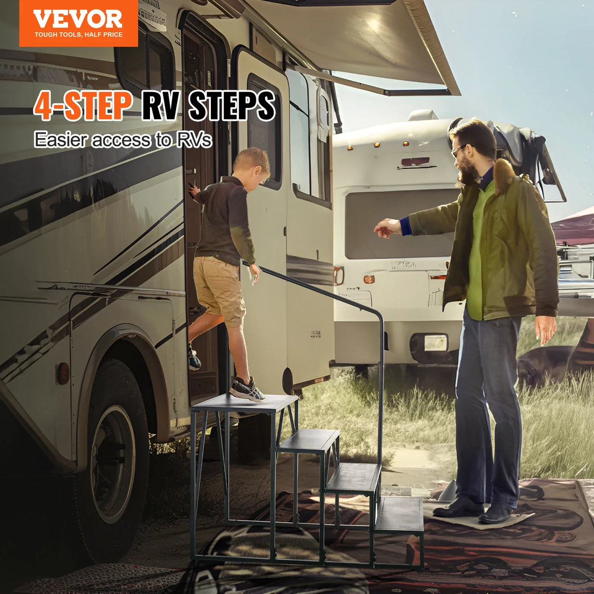 RV Steps 4-Step RV Stairs Thickened Steel Non-Slip Steps for Safe Entry and Exit RV Trailer Camper Steps 440lbs Capacity