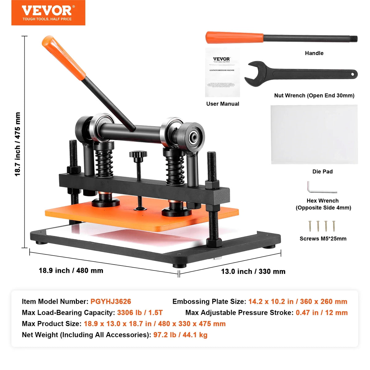 Leather Cutting Machine Embossing Plate Manual Die Cutter 0.47 in Pressure Stroke Leather Embossing Machine