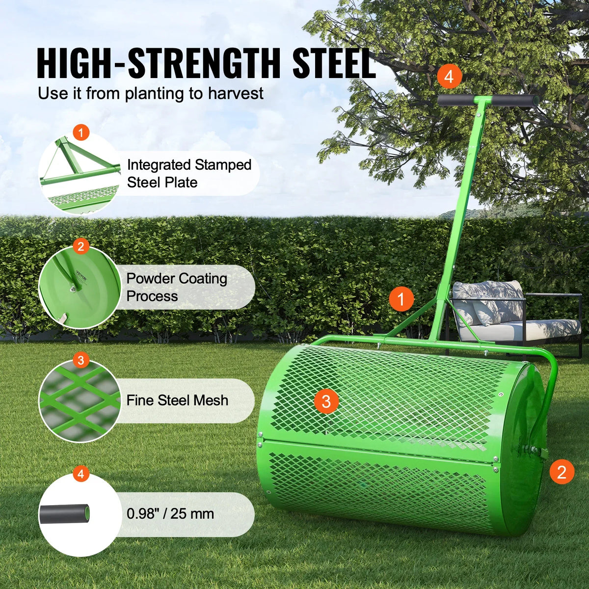 Compost Spreader and Peat Moss Spreader 24 in Push/Tow-Behind Roller Lawn Spreader with Height Adjustable T Shaped Handle