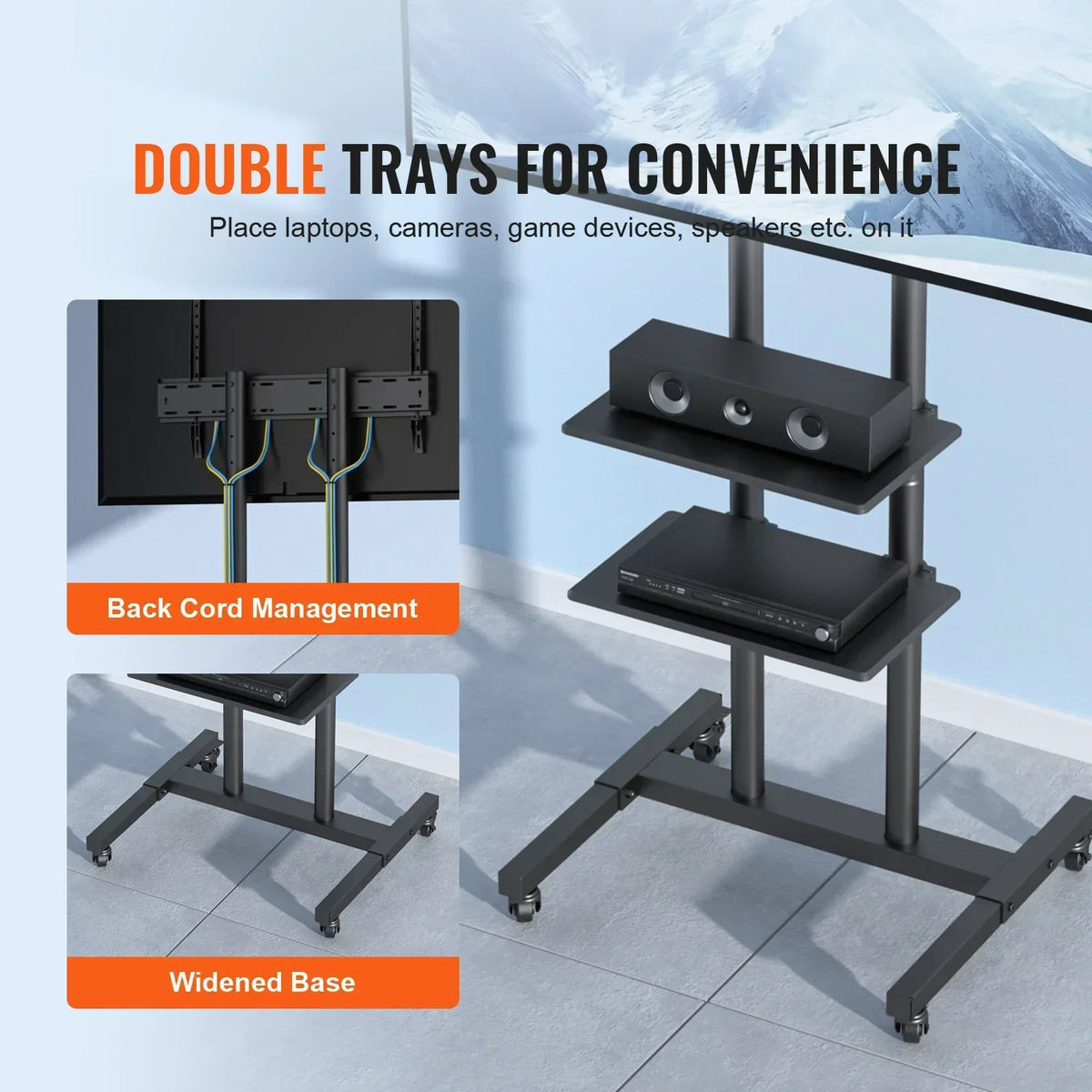 Mobile TV Stand Height Adjustable TV Stand with Wheels Double Tray for Audio-Visual Devices Rolling TV Stand for Bedroom