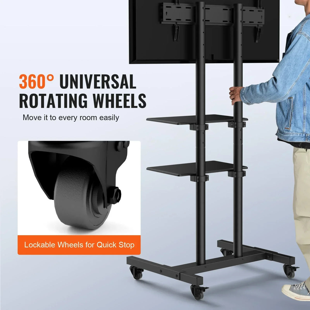 Mobile TV Stand Height Adjustable TV Stand with Wheels Double Tray for Audio-Visual Devices Rolling TV Stand for Bedroom