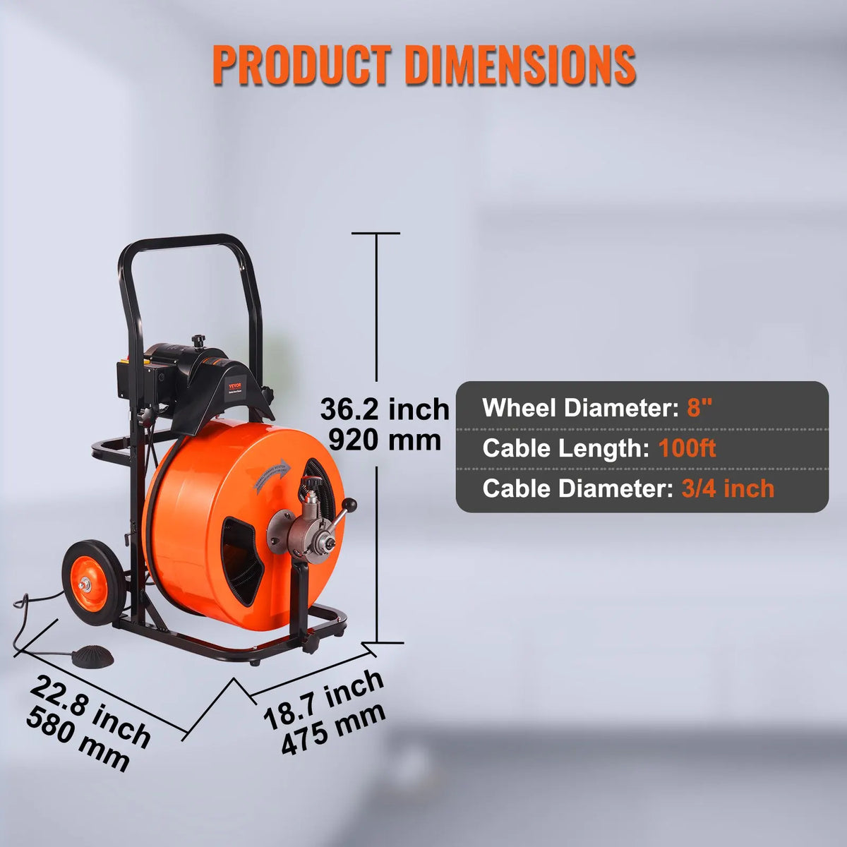 Drain Cleaning Machine 100FT x 3/8in,1/2in, 3/4in Sewer Snake Machine Auto Feed with 4 Cutter Air-activated Foot Switch