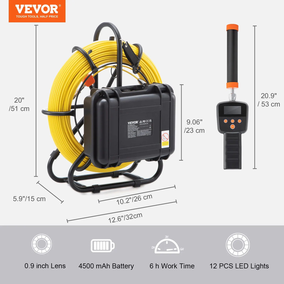 Sewer Camera w/512Hz Locator, 164ft/50m, 9" IP68 Probe, DVR & 12 LEDs, 16GB SD Card - Drain/Pipe/Home Plumbing Inspection