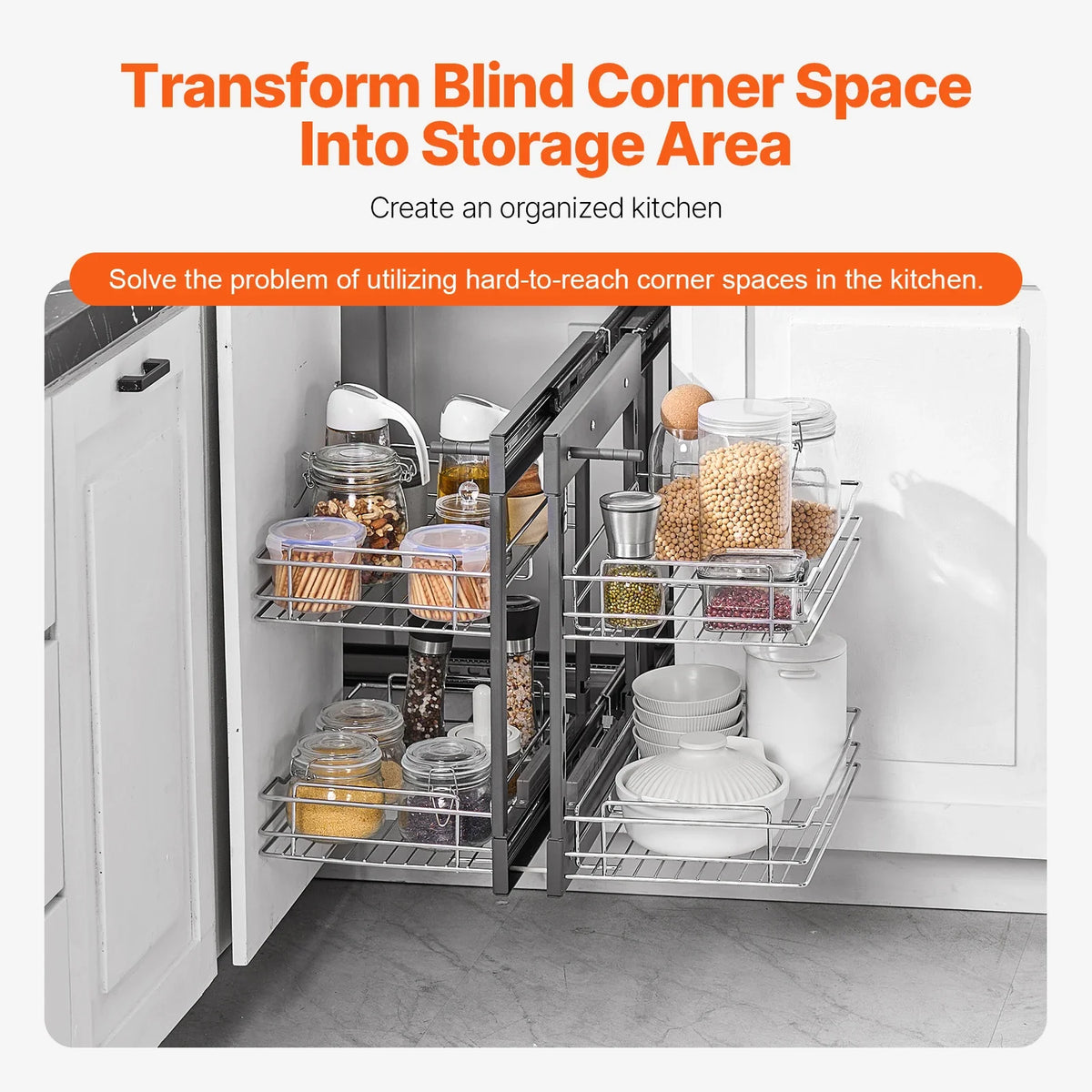 15"W Opening Blind Corner Pull Out Organizer, 2 Tier 4 Shelf Kitchen Cabinet Organizer, Chrome Carbon Steel Storage Basket