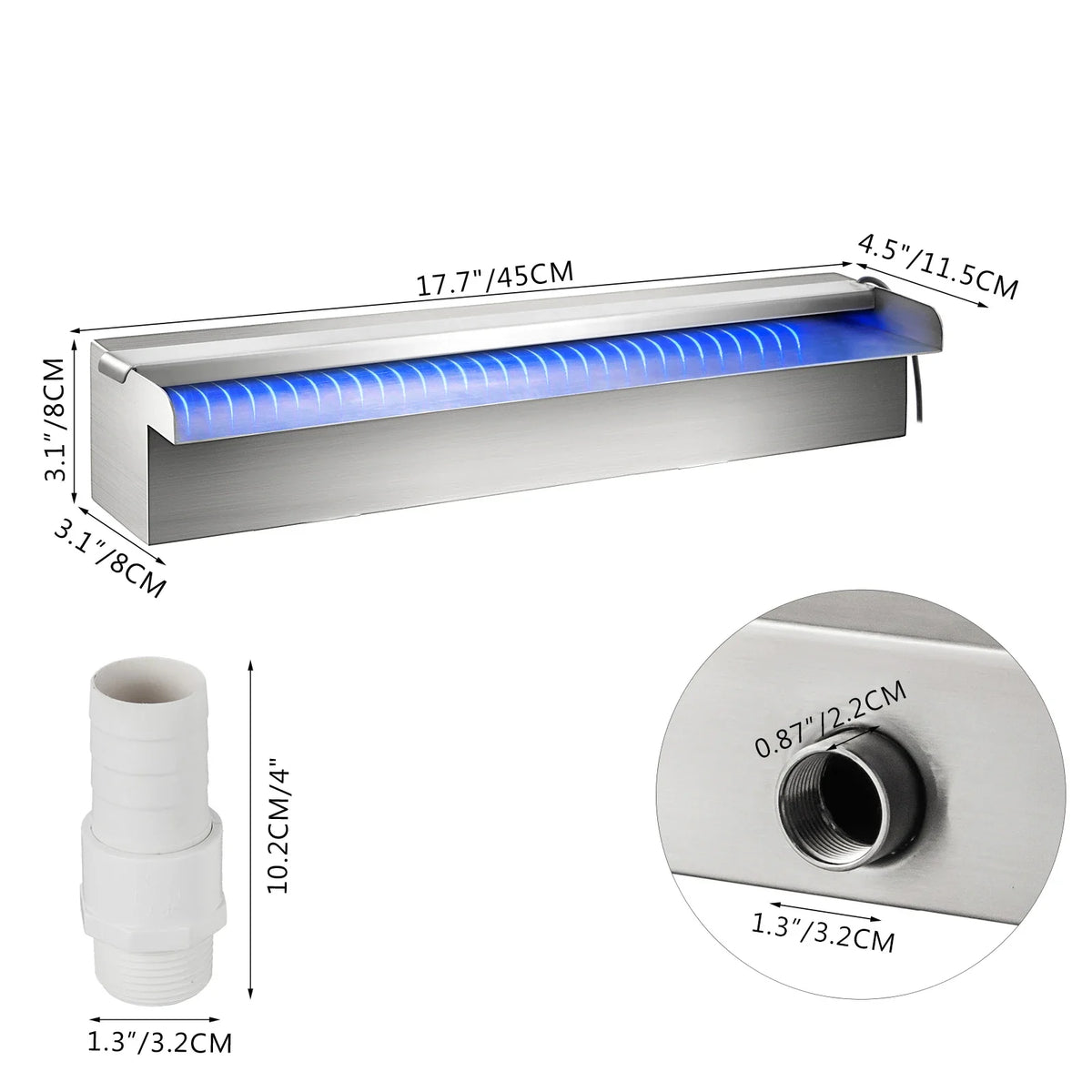 Pool Fountain Swimming Waterfall Rectangular Pool Fountains with LED Strip Light Stainless Steel Pond Waterfall Cascade