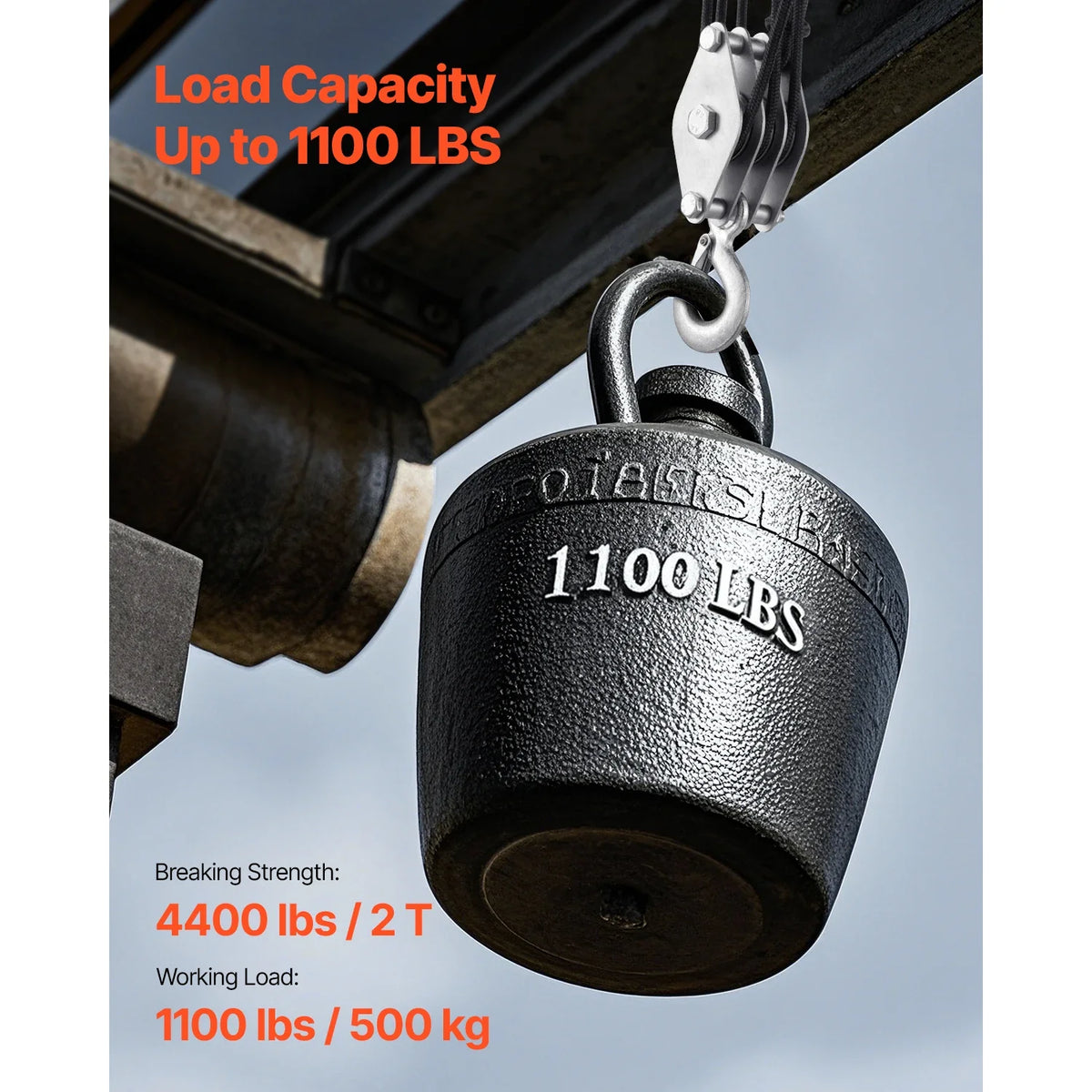 4400Lbs Pulley Hoist System 5:1 Lifting Power with 2 Soft Loops & 100ft Rope Block Tackle for Garage Lifting Heavy Objects