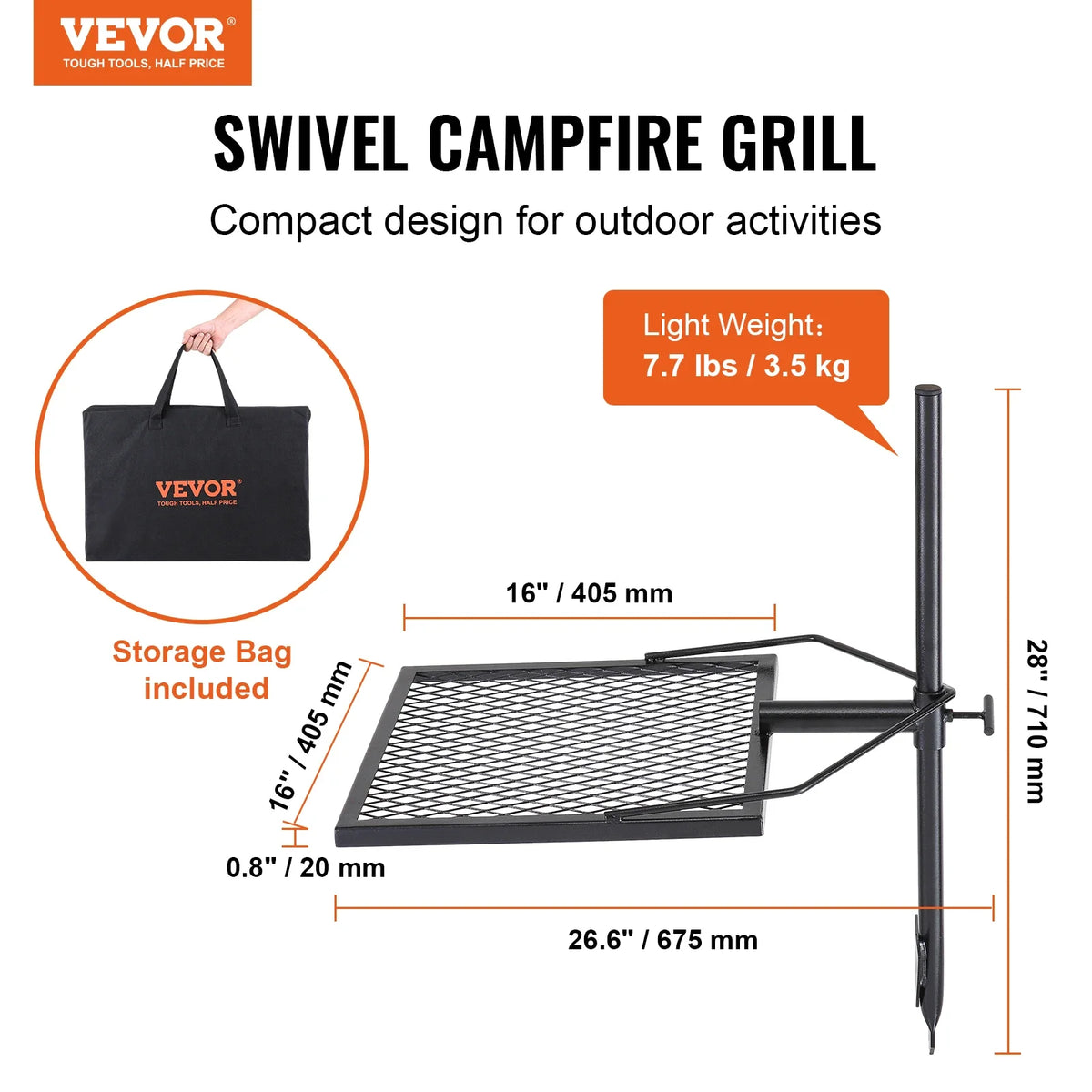Swivel Campfire Grill, Portable Fire Pit Grill Grate,360° Adjustable Open Fire Outdoor Cooking Equipment, for Camping BBQ