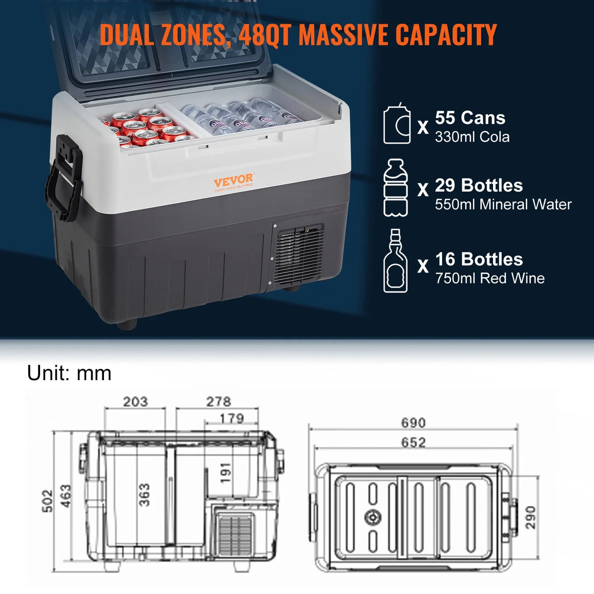 45L Car Refrigerator, 12V Car Fridge, Dual Zone Portable Freezer,-4℉-50℉ Range,12/24V DC and 100-240V AC Compressor Cooler