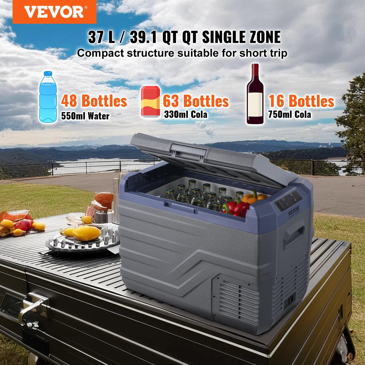 37L Car Refrigerator, 12V Car Fridge, Single Zone Portable Freezer, -4℉-68℉, 12/24V DC and 100-240V AC Compressor Cooler