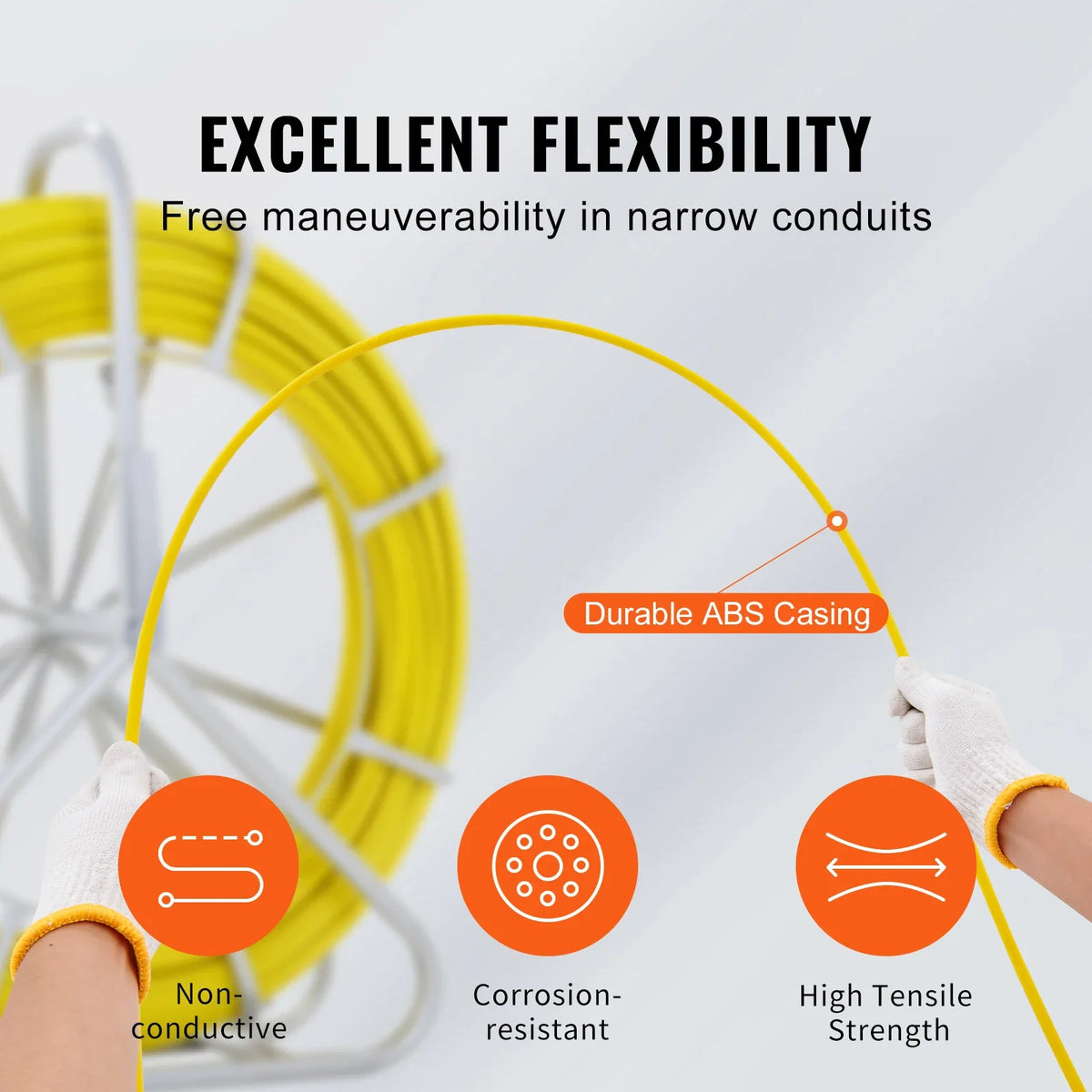 Fish Tape Fiberglass 425 ft 1/4 inch Wire Puller with Steel Reel Stand for Walls and Electrical Conduit, Non-Conductive
