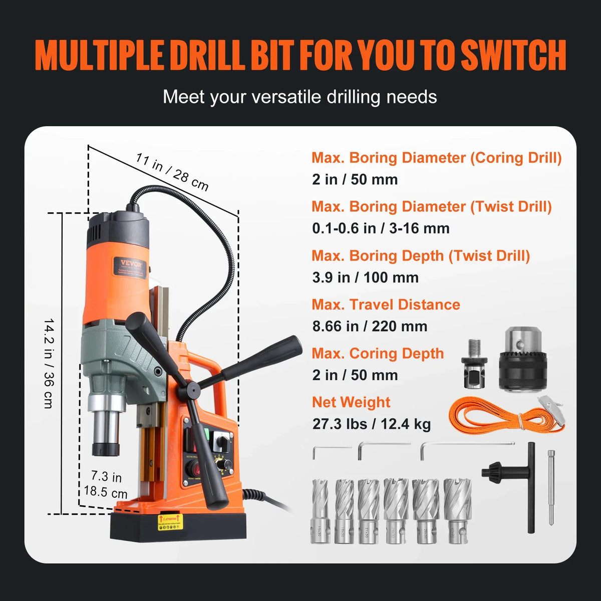 Magnetic Drill, 1450W 1.57/2In Boring Diameter, Portable Electric Mag Drill Press,800RPM Drilling Machine