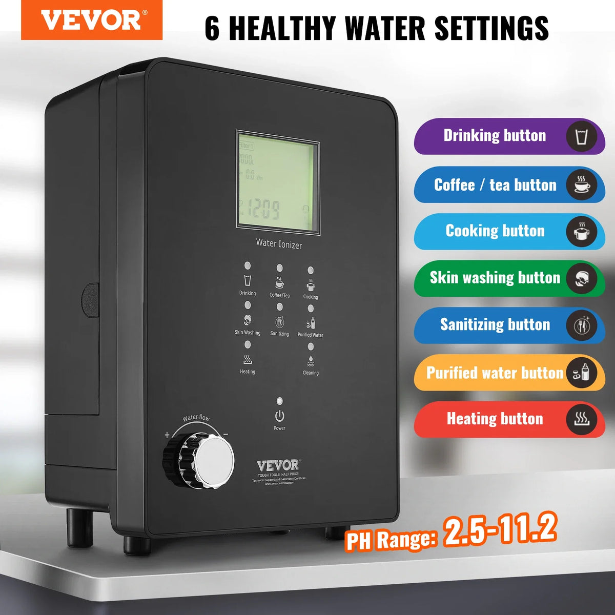 Alkaline Water Ionizer Machine, pH 3-11.2 Alkaline Acidic Hydrogen Water Purifier, 6 Water Settings Home Filtration System