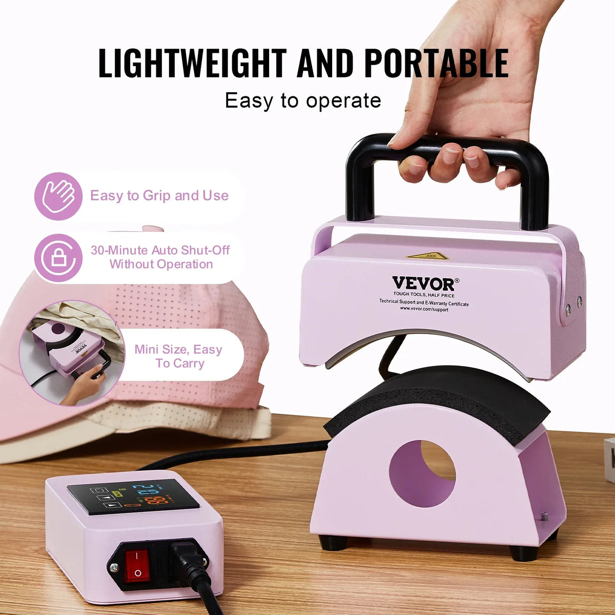 Hat Press Machine Mini Hat Heat Press for Caps Cap Heat Press Machine Safety Base and Glove Automatic Shut-Off Purple