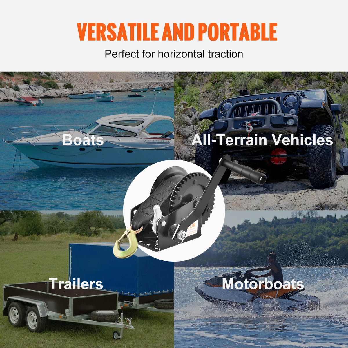 Hand Winch,Boat Trailer Winch Heavy Duty Rope Crank w/ 23ft Polyester Strap & Two-Way Ratchet,Manual Operated Crank Winch