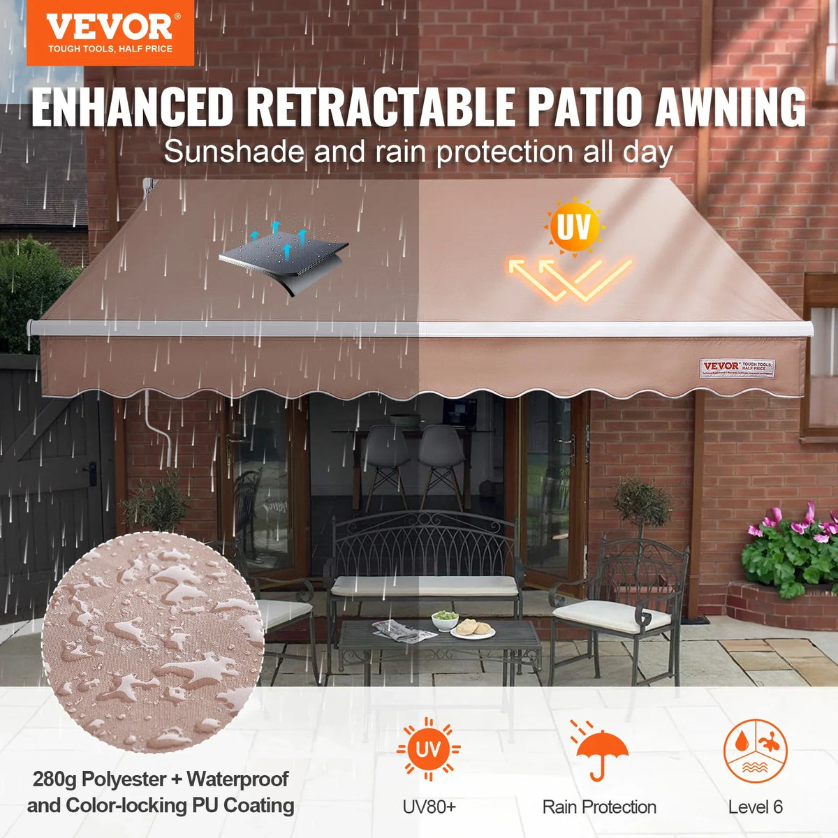 Manual Retractable Awning Outdoor Awning Retractable Sun Shade Water-Resistant Polyester Patio Door Window for Backyard