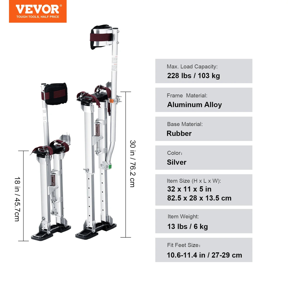Drywall Stilts 18''-30'' Adjustable Aluminum Tool Stilts with Protective Knee Pads Non-Slip Work Stilts for Home