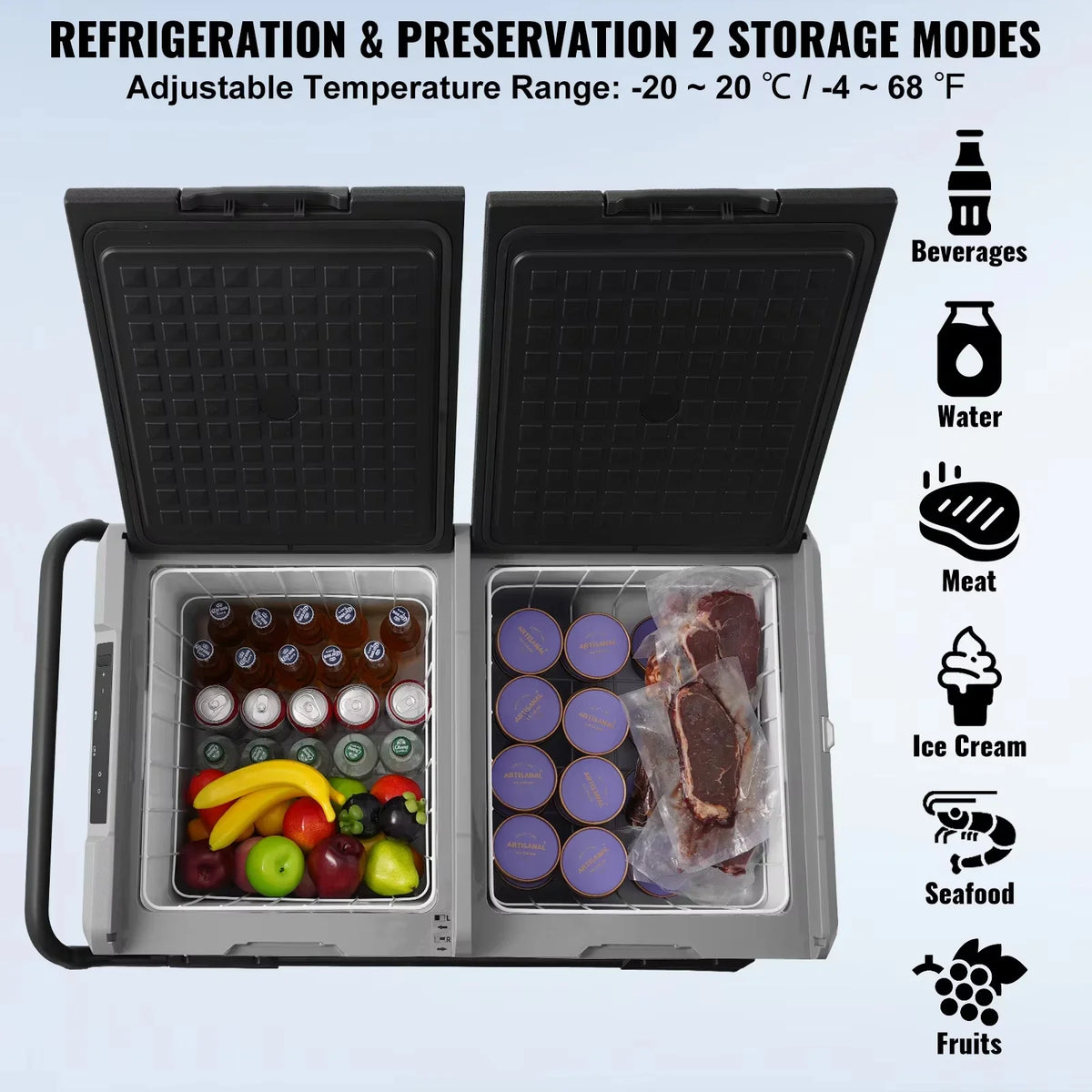 115L Car Refrigerator Car Refrigerator Fridge Dual Zone Freezer with Wheels and Handle -4℉-68℉ 12/24V DC