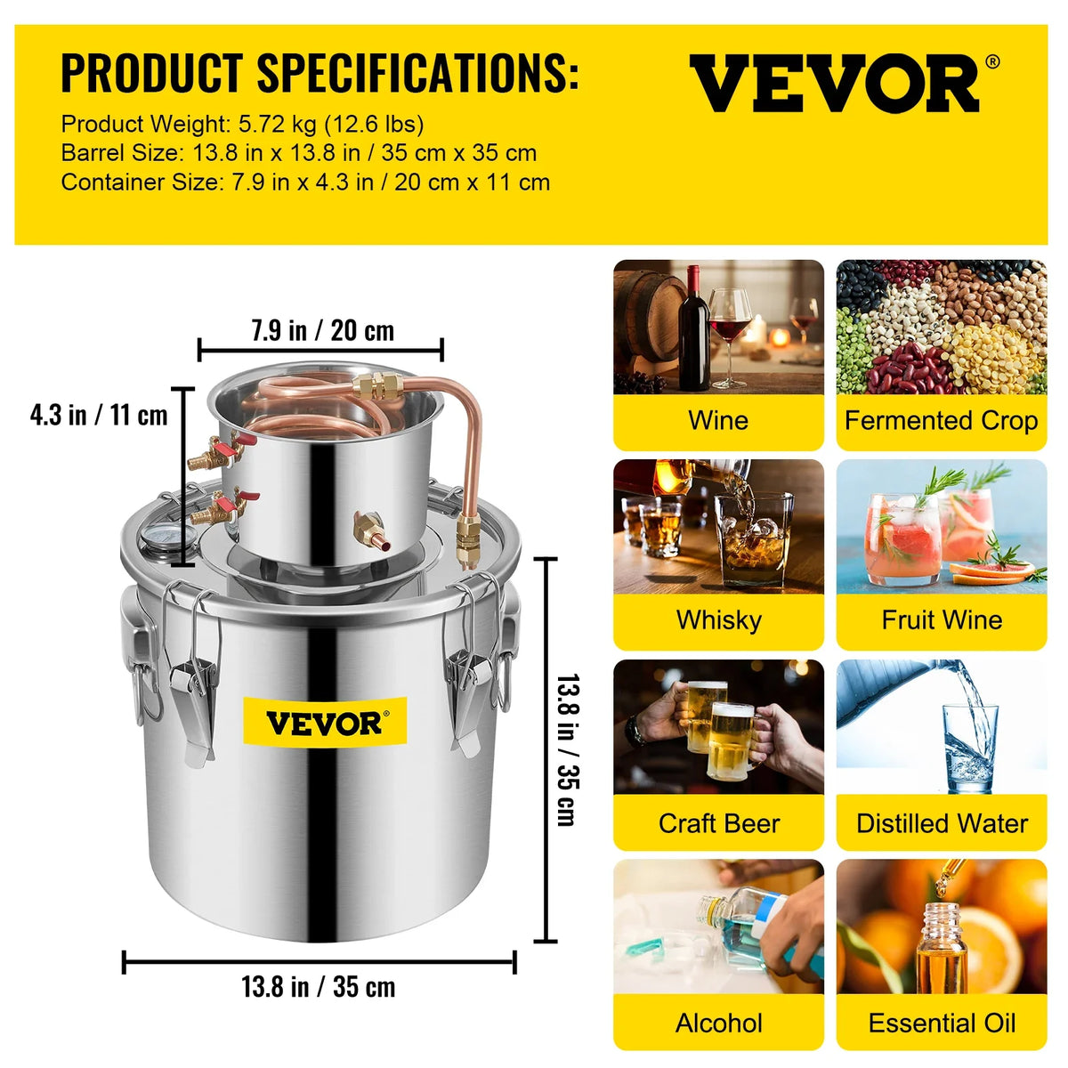 3/5/8 GAL Water Alcohol Distiller Copper Wine Making Boiler Multi Home DIY Brewing Distilling Kit for Fruit Wine Brandy