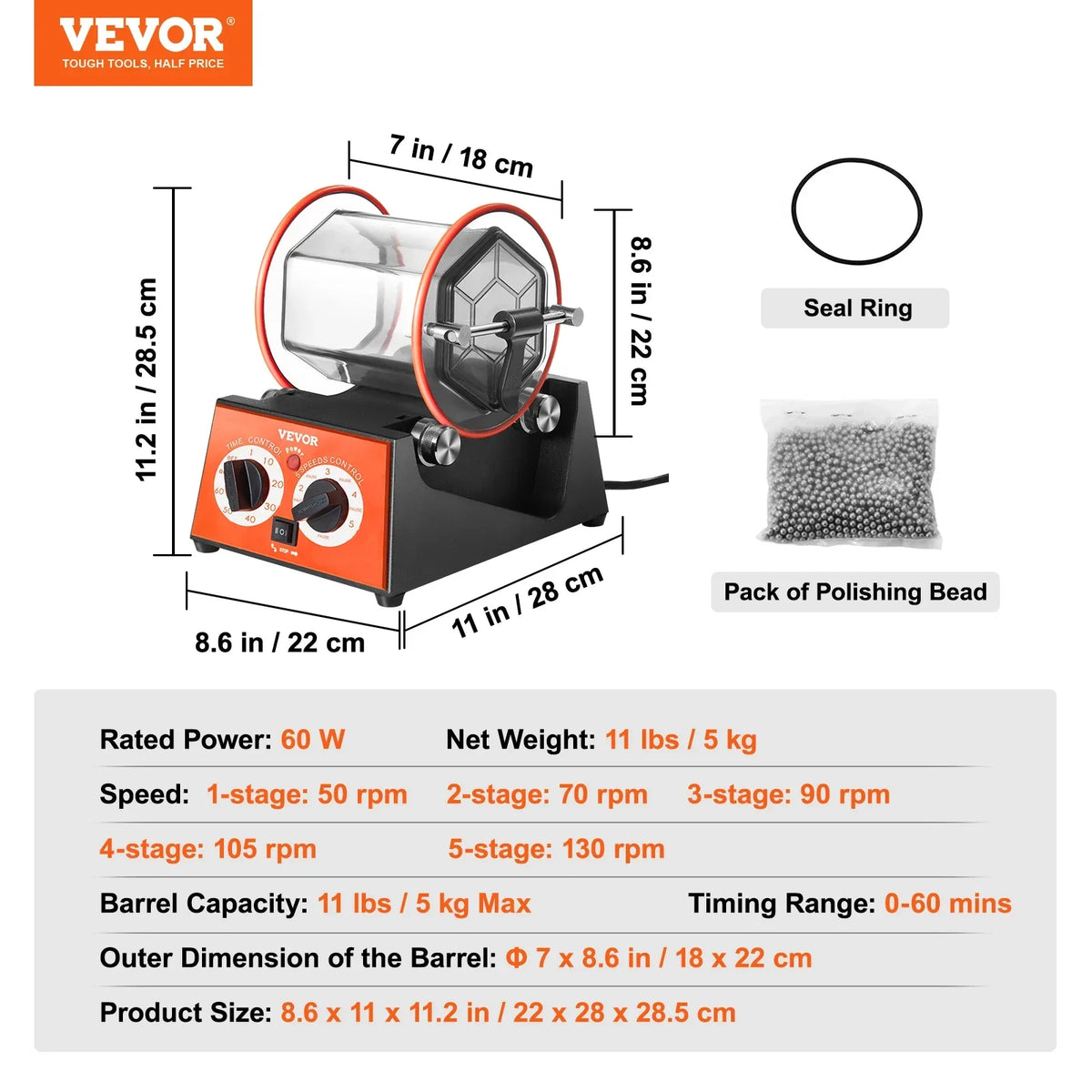 Rotary Tumbler Surface Horizontal Polisher 3kg5kg Mini Jewelry Drum Polishing Machine w/ 0-60 Minutes Timer Finishing Tool