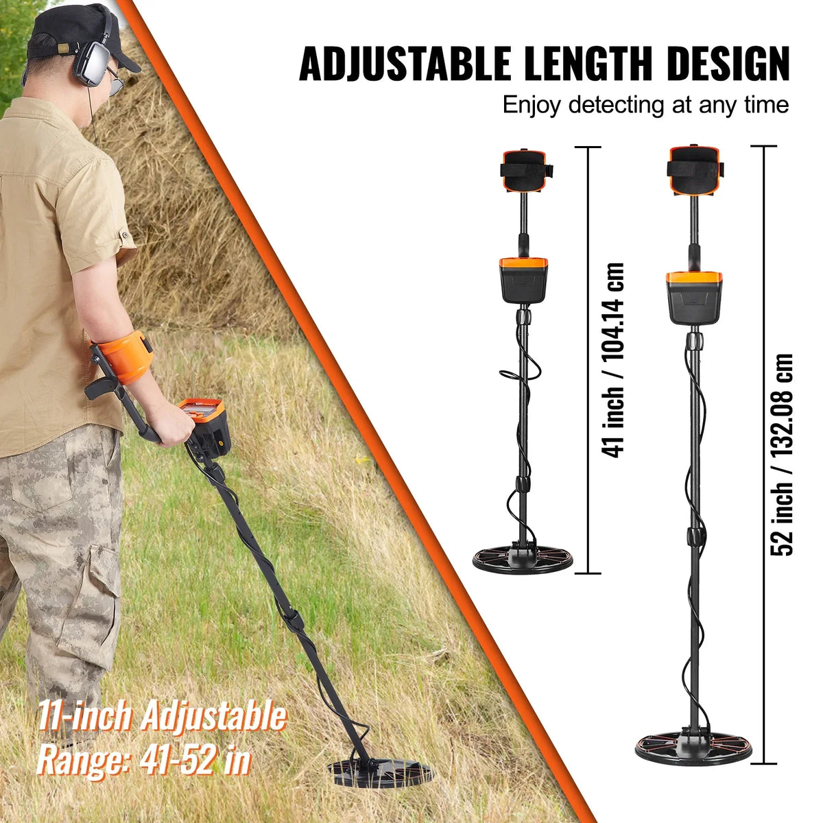 Metal Detector for Adults & Kids 10Inch Waterproof Search Coil with LCD Display 7 Modes Adjustable 41''-52'' Aluminum Stem