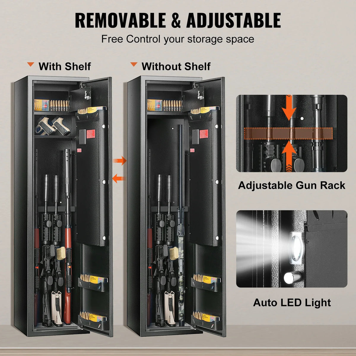 6 Rifles Gun Safe Rifle Safe W/ Fingerprint & Digital Keypad Lock Removable Gun Storage Cabinet W/ Built-in Storage Locker