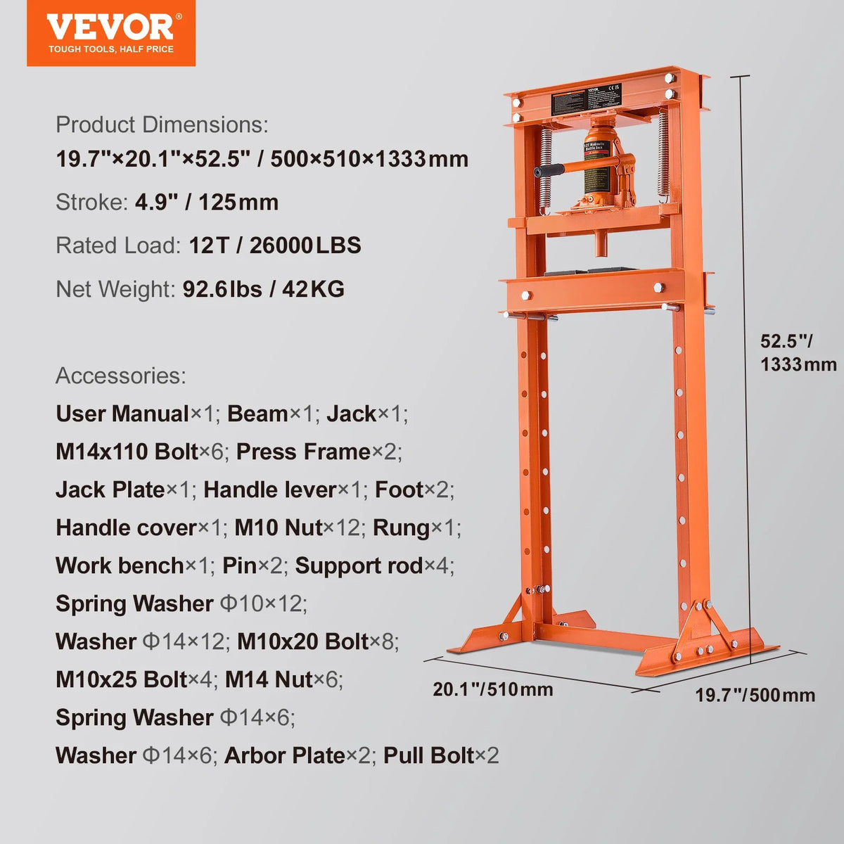 Hydraulic Shop Press, 6/12 Ton H-Frame Hydraulic Garage/Shop Floor Press, Adjustable Shop Press with Press Plates